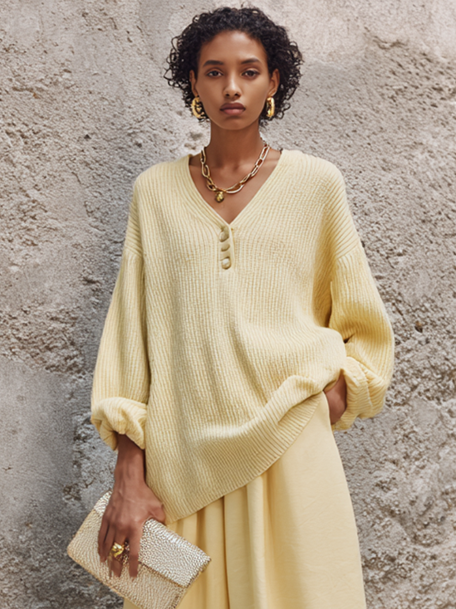 Women's Casual-Elegant Yellow V-Neck Knit Top And Cotton-Blend Wide-Leg Pants Set MDZ3178G6GMJ