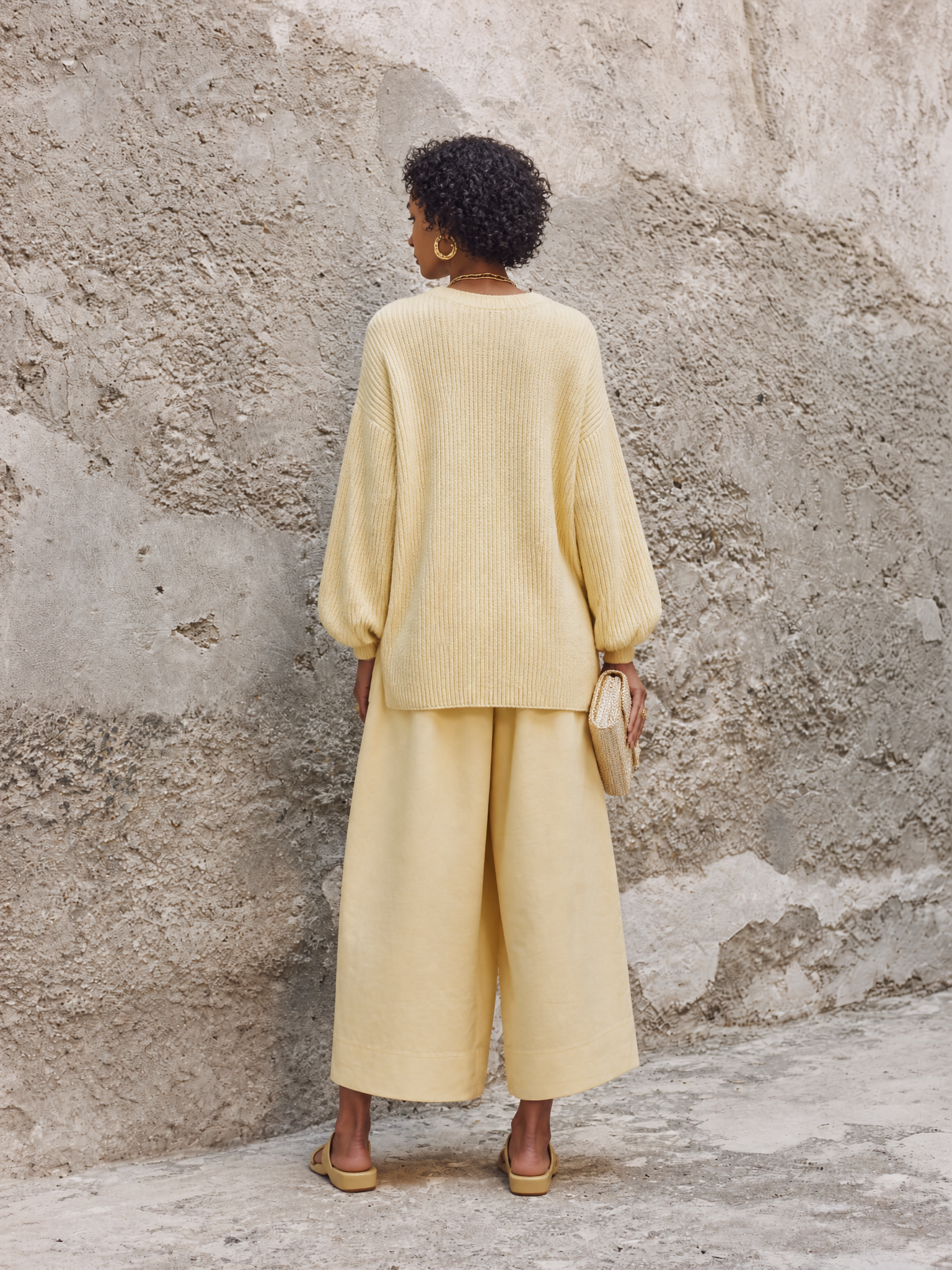 Women's Casual-Elegant Yellow V-Neck Knit Top And Cotton-Blend Wide-Leg Pants Set MDZ3178G6GMJ