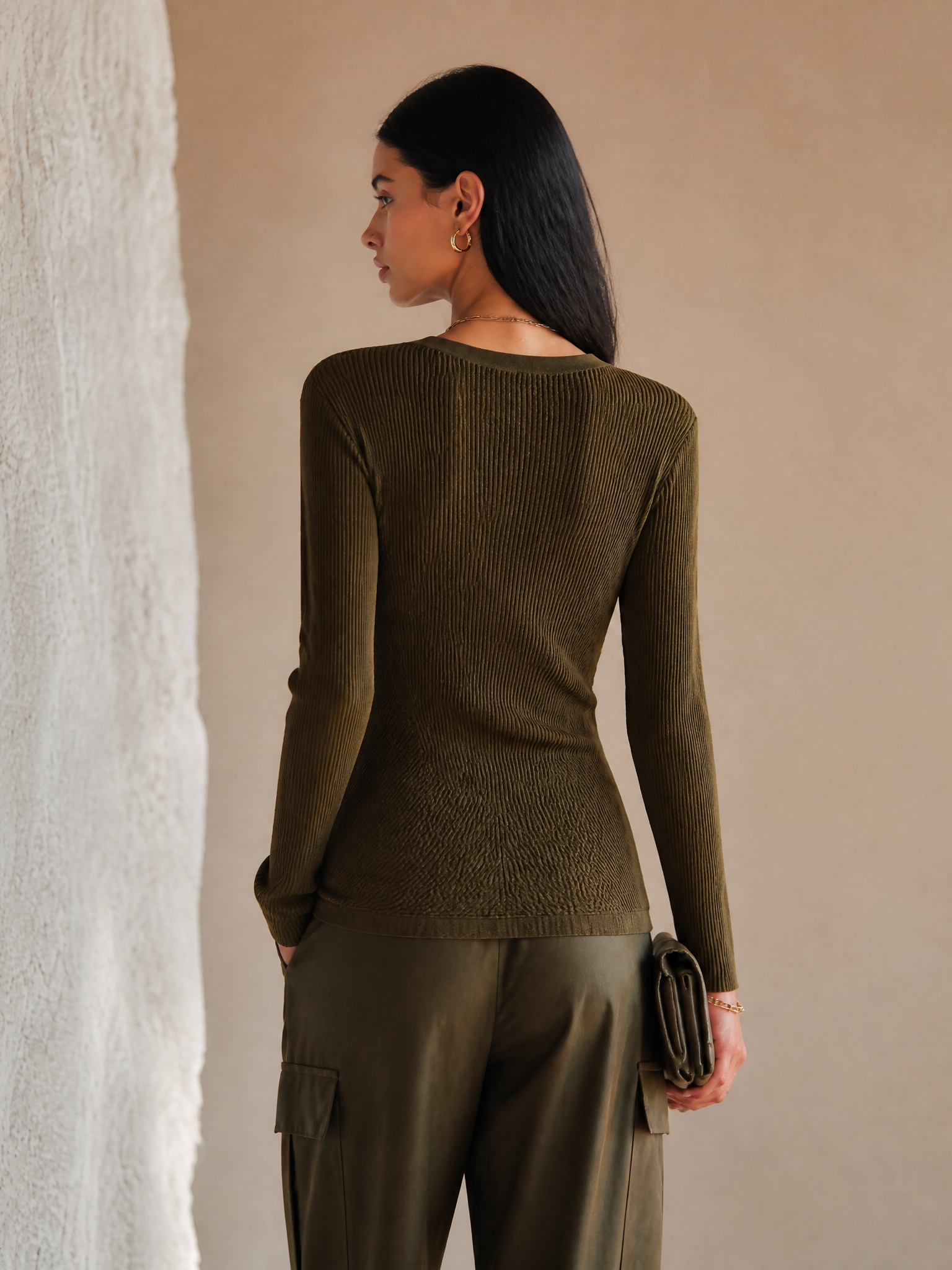 Women's Elegant Olive Knit Ribbed Wrap Button Top MDZ0376H7GMJ