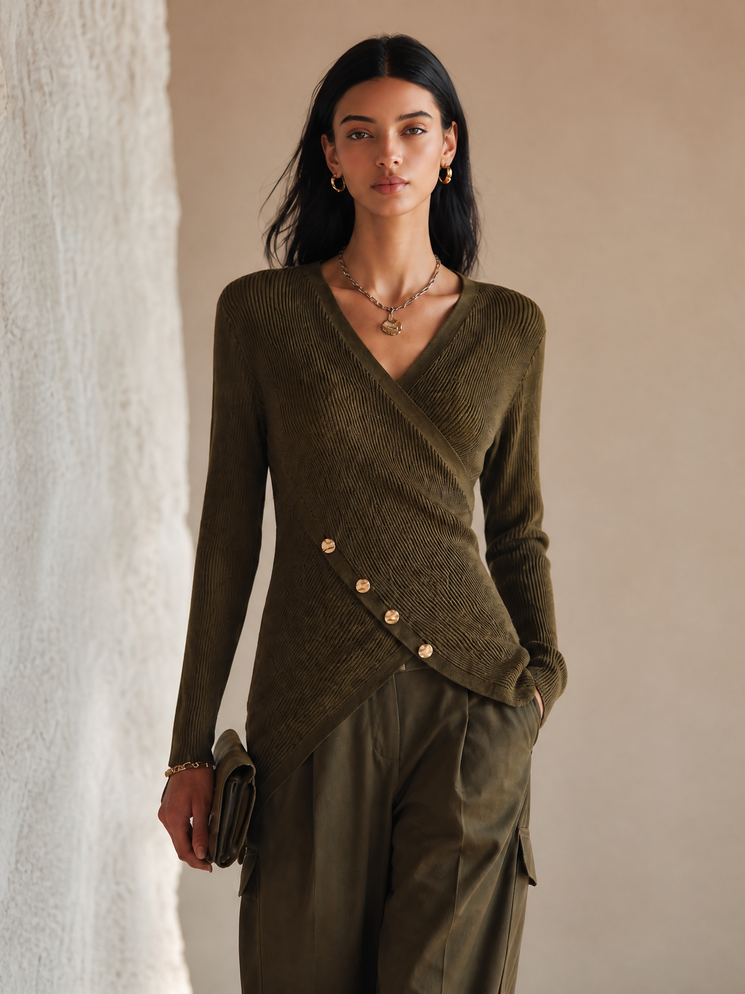 Women's Elegant Olive Knit Ribbed Wrap Button Top MDZ0376H7GMJ