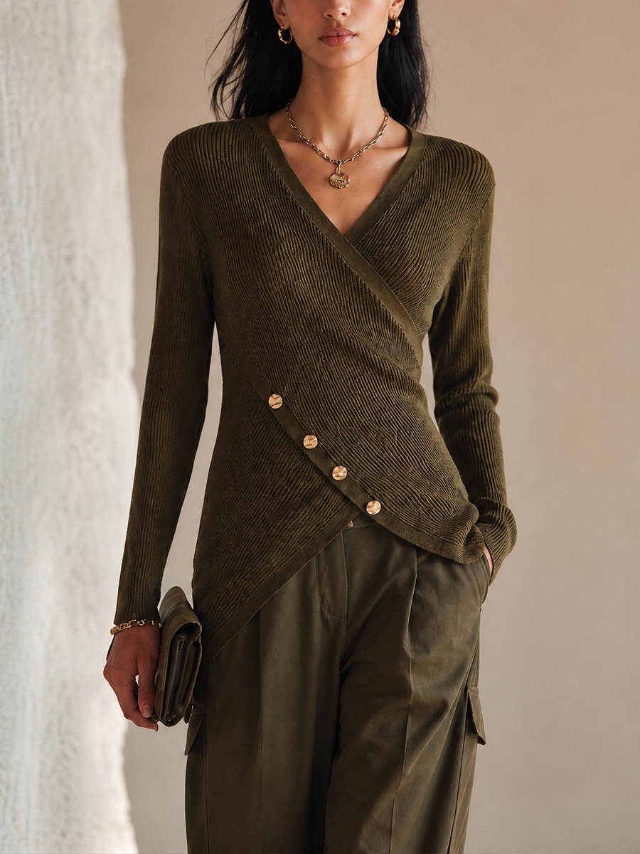 Women's Elegant Olive Knit Ribbed Wrap Button Top MDZ0376H7GMJ