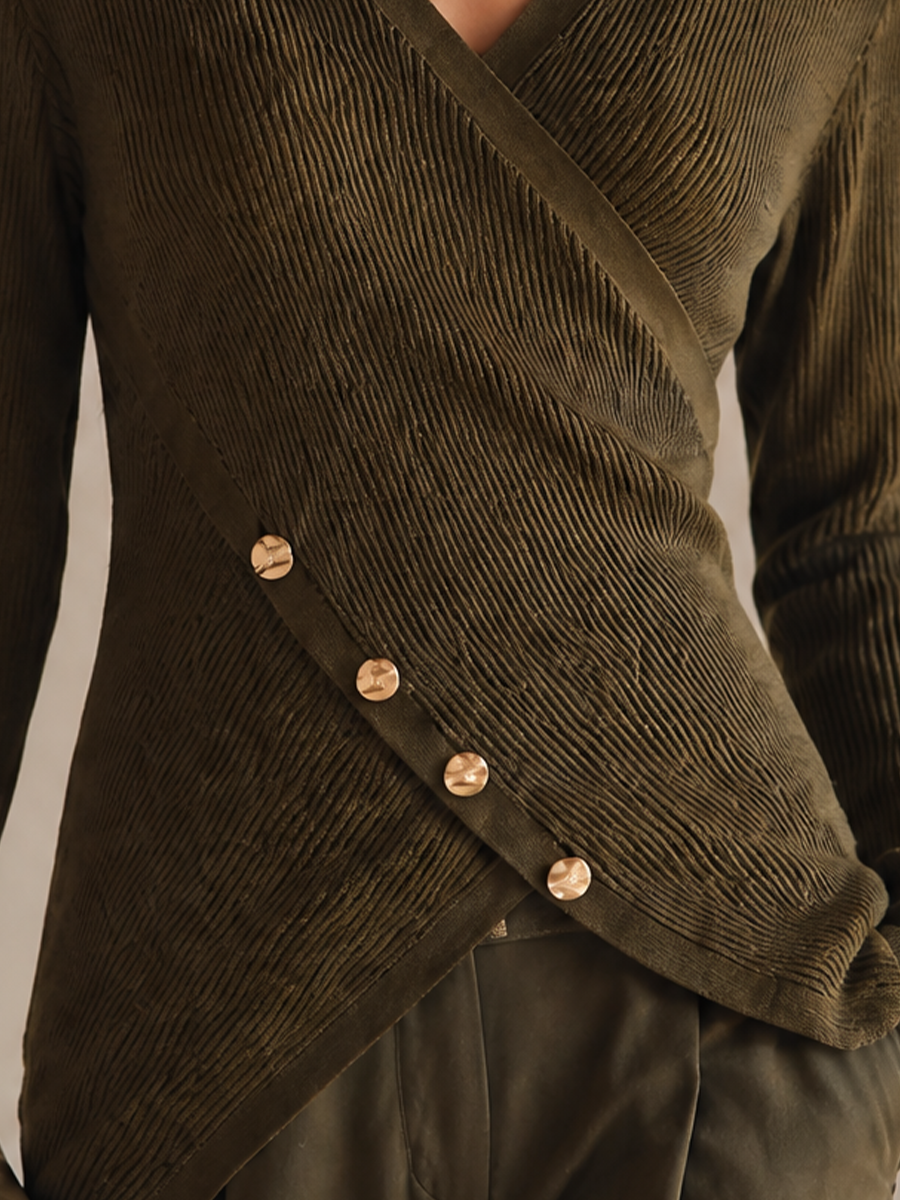 Women's Elegant Olive Knit Ribbed Wrap Button Top MDZ0376H7GMJ