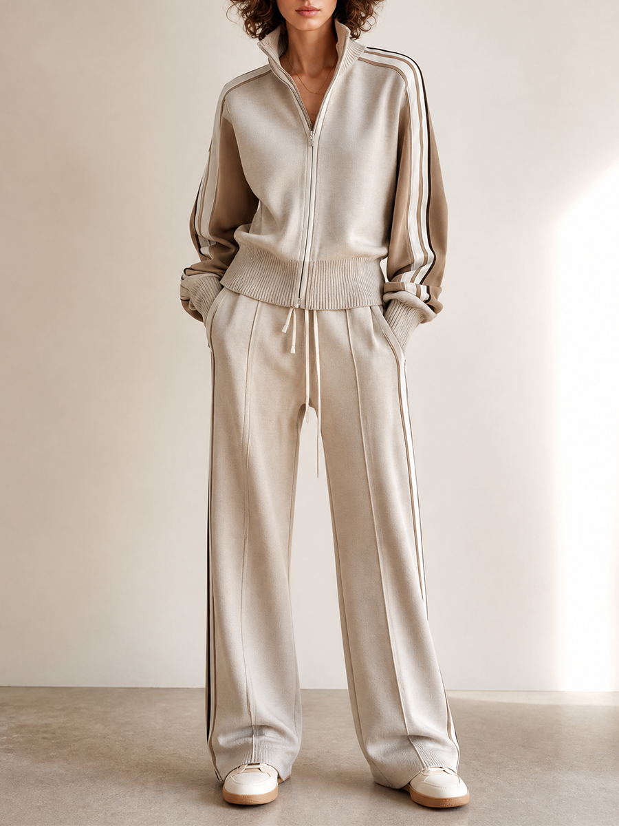 Women's Sporty Contrast-Stripe Stand-Collar Zip Knit Jacket & Drawstring Wide-Leg Trouser Set MDZ0415H2CMX
