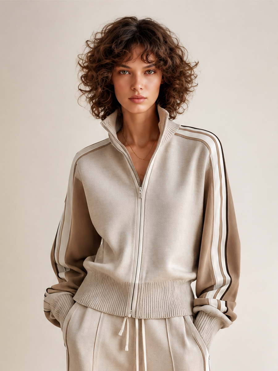 Women's Sporty Contrast-Stripe Stand-Collar Zip Knit Jacket & Drawstring Wide-Leg Trouser Set MDZ0415H2CMX