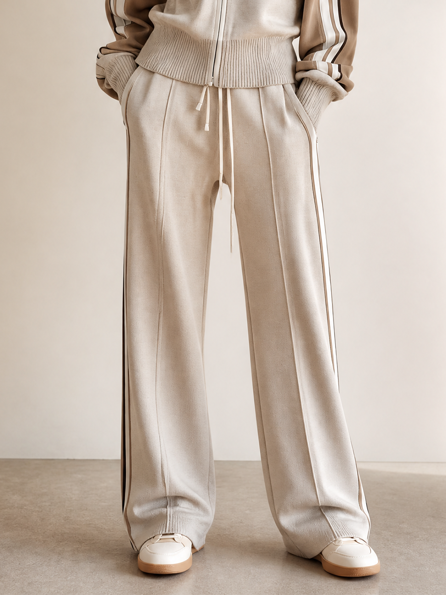 Women's Sporty Contrast-Stripe Stand-Collar Zip Knit Jacket & Drawstring Wide-Leg Trouser Set MDZ0415H2CMX