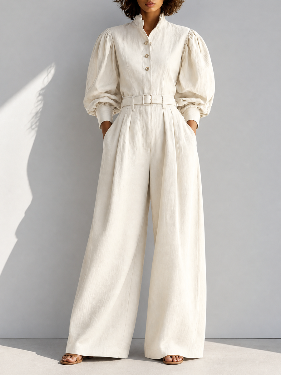 Women's Vintage Stand-Collar Puff-Sleeve Belted Long-Sleeve Top & Wide-Leg Trouser Set MDZ0453H5CMX