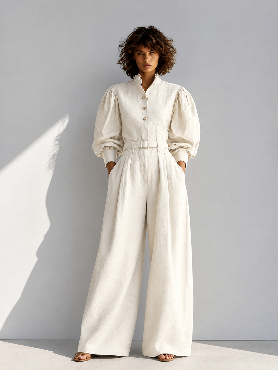 Women's Vintage Stand-Collar Puff-Sleeve Belted Long-Sleeve Top & Wide-Leg Trouser Set MDZ0453H5CMX