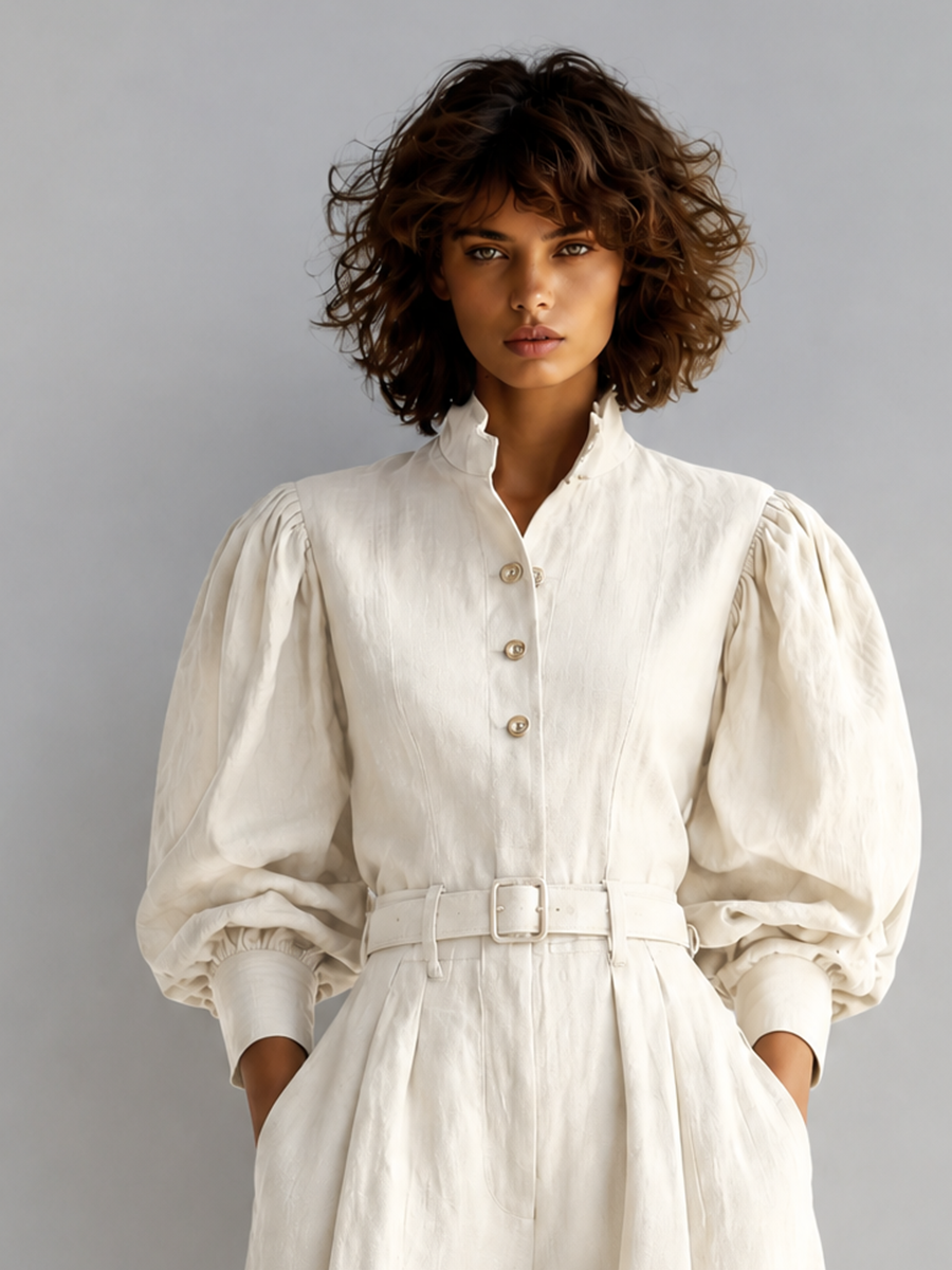 Women's Vintage Stand-Collar Puff-Sleeve Belted Long-Sleeve Top & Wide-Leg Trouser Set MDZ0453H5CMX