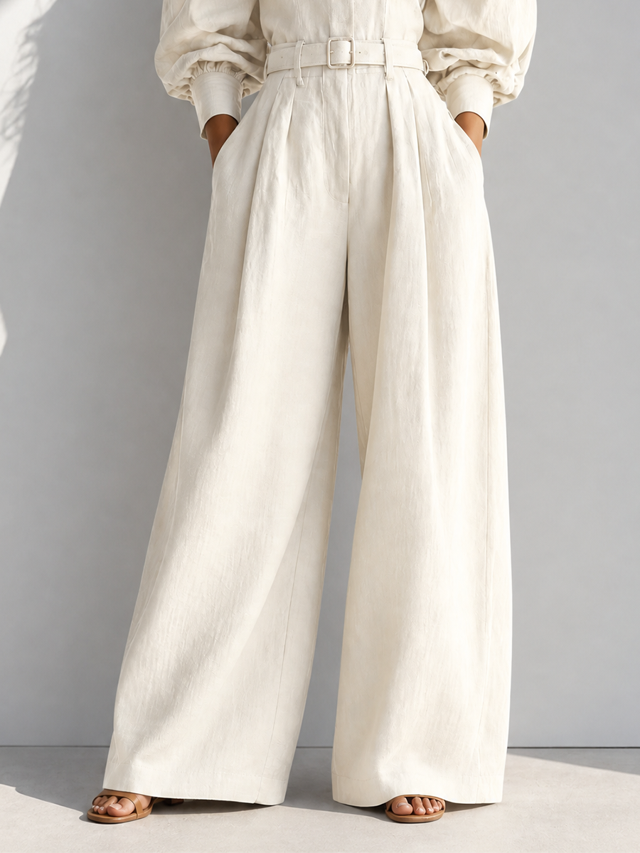 Women's Vintage Stand-Collar Puff-Sleeve Belted Long-Sleeve Top & Wide-Leg Trouser Set MDZ0453H5CMX