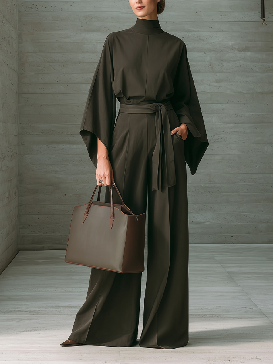 Women's Belted Elegant Solid High Neck Batwing Wide Leg Jumpsuit MDZ0440H8LYL