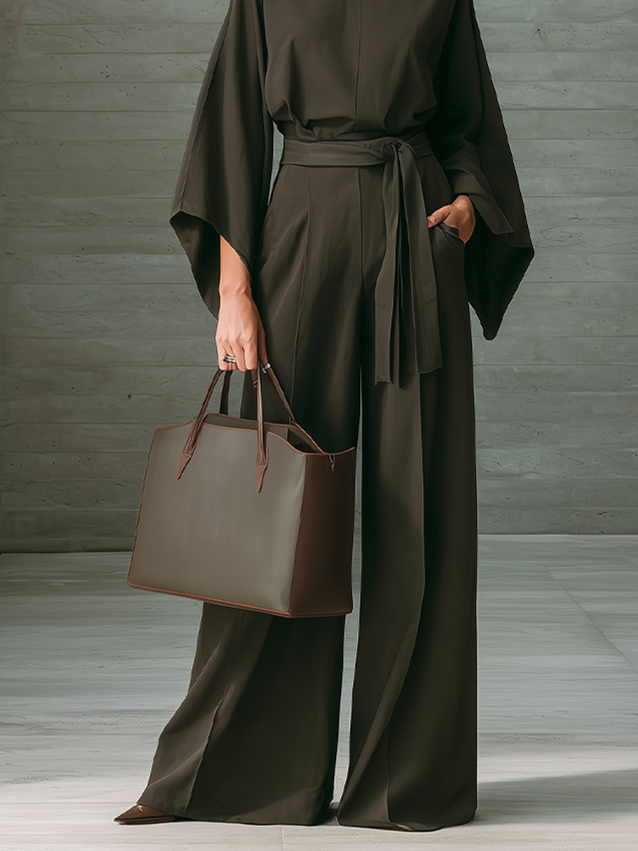 Women's Belted Elegant Solid High Neck Batwing Wide Leg Jumpsuit MDZ0440H8LYL