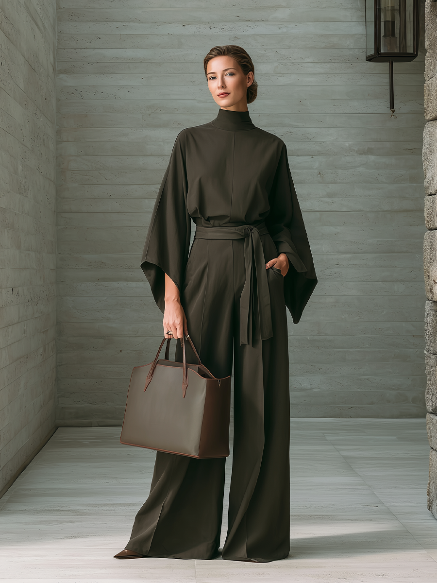 Women's Belted Elegant Solid High Neck Batwing Wide Leg Jumpsuit MDZ0440H8LYL