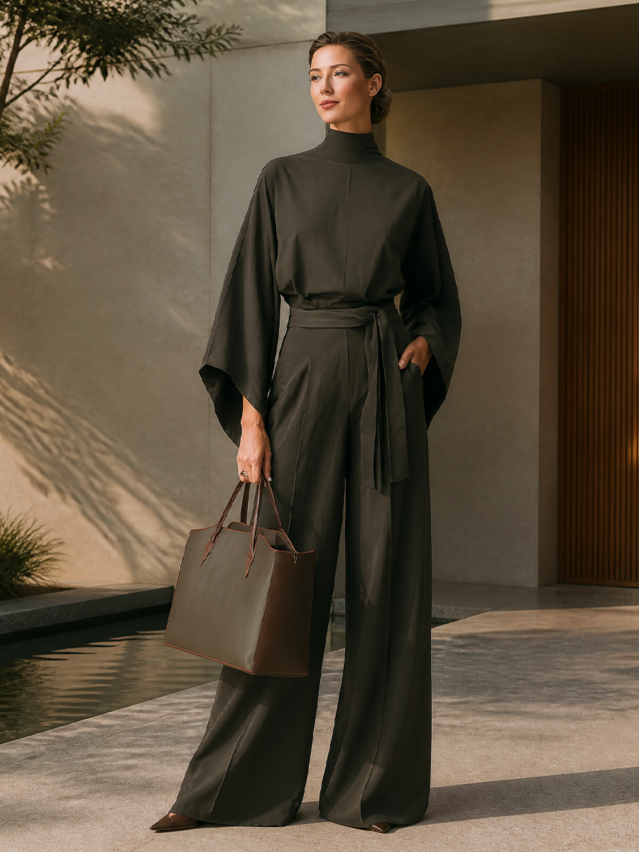 Women's Belted Elegant Solid High Neck Batwing Wide Leg Jumpsuit MDZ0440H8LYL
