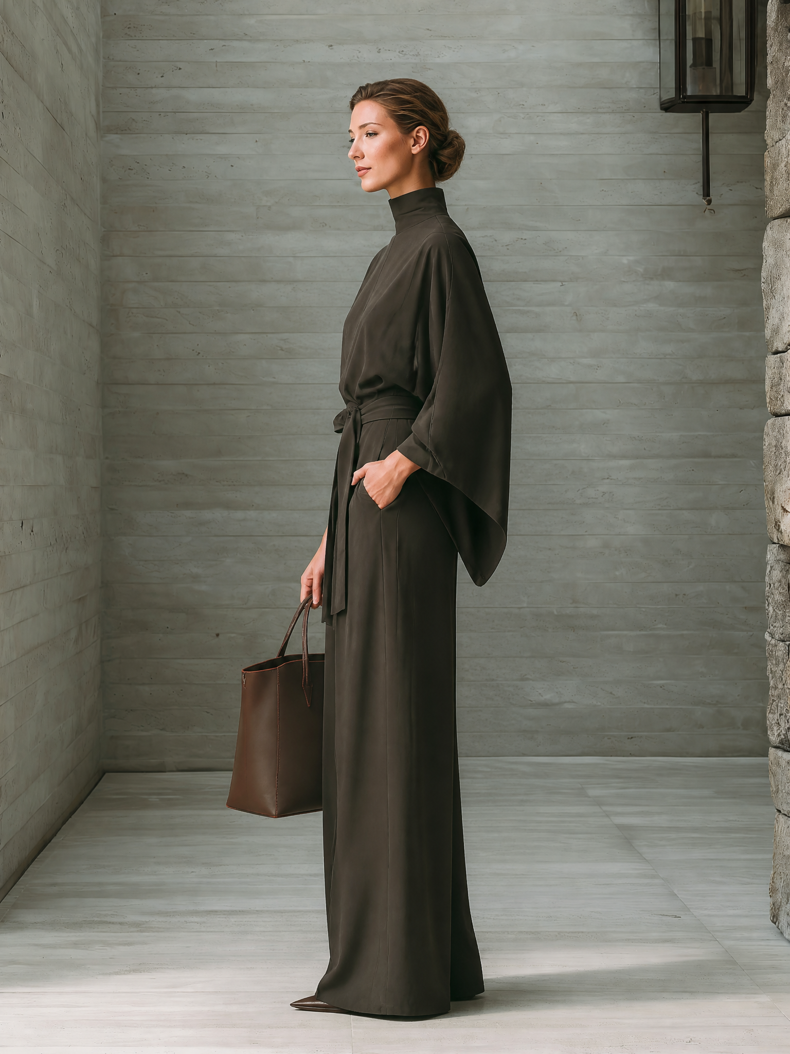 Women's Belted Elegant Solid High Neck Batwing Wide Leg Jumpsuit MDZ0440H8LYL