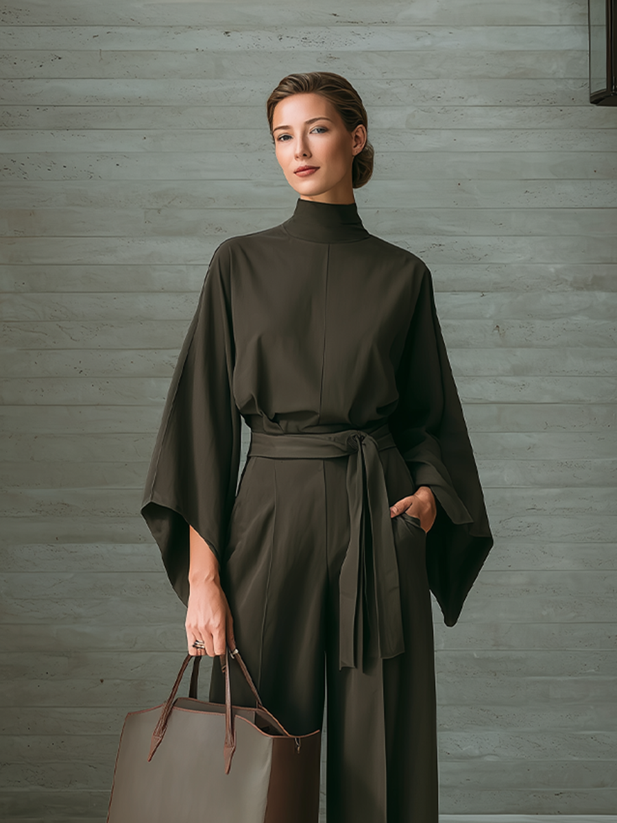 Women's Belted Elegant Solid High Neck Batwing Wide Leg Jumpsuit MDZ0440H8LYL