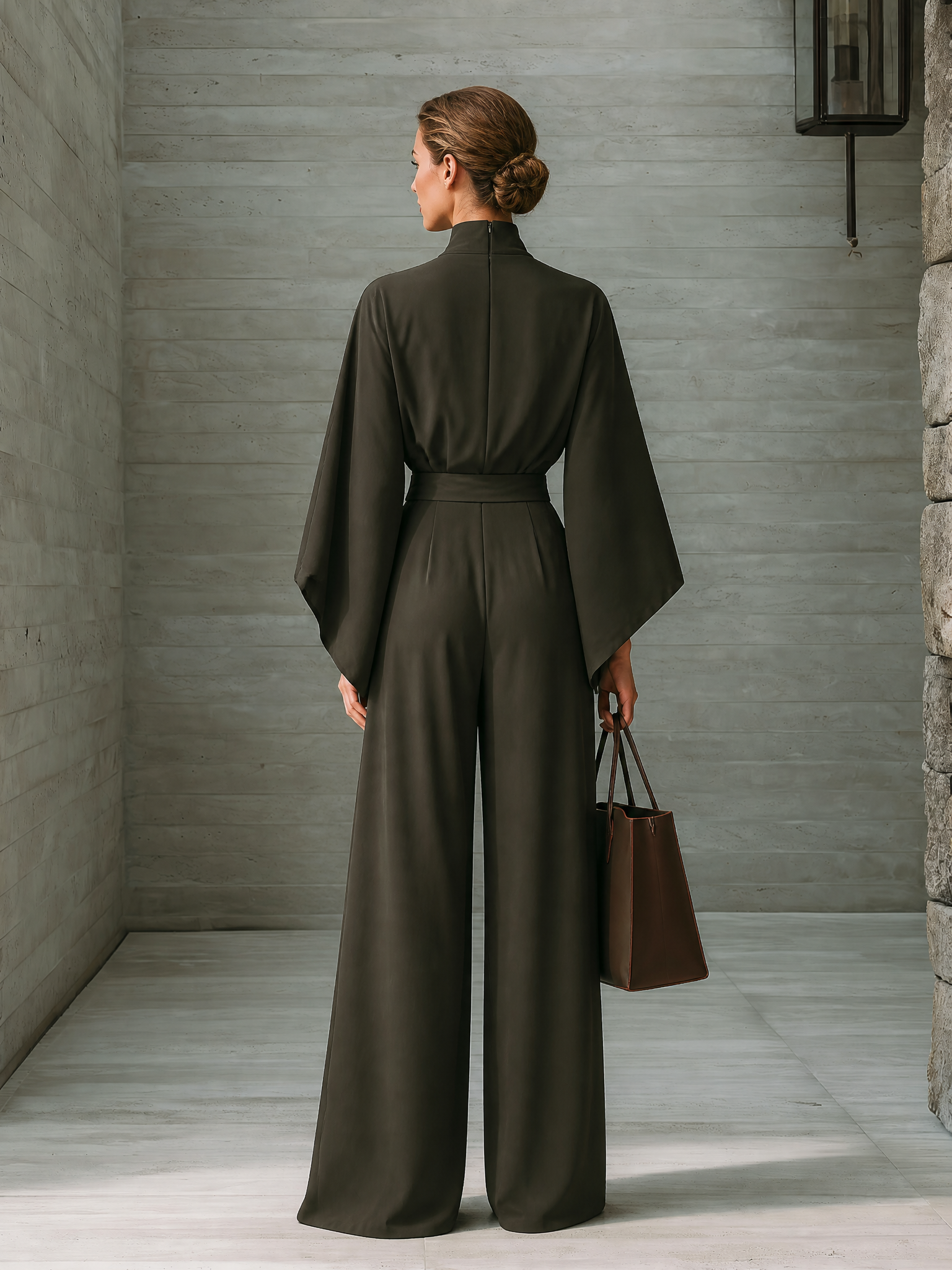 Women's Belted Elegant Solid High Neck Batwing Wide Leg Jumpsuit MDZ0440H8LYL