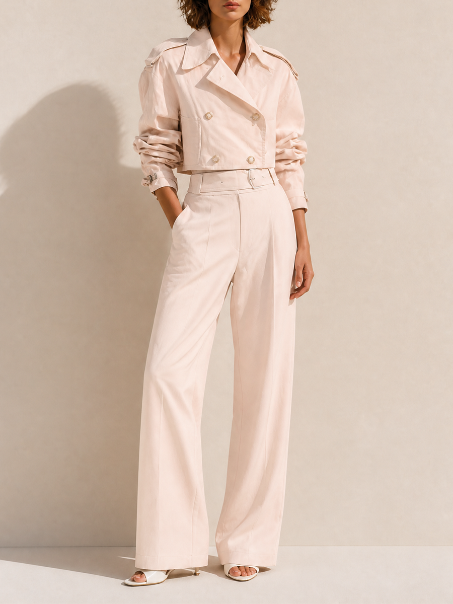 Women's Elegant Collared Double-Breasted Cropped Trench & Belted High-Waisted Wide-Leg Trouser Set MDZ0403H1CMX