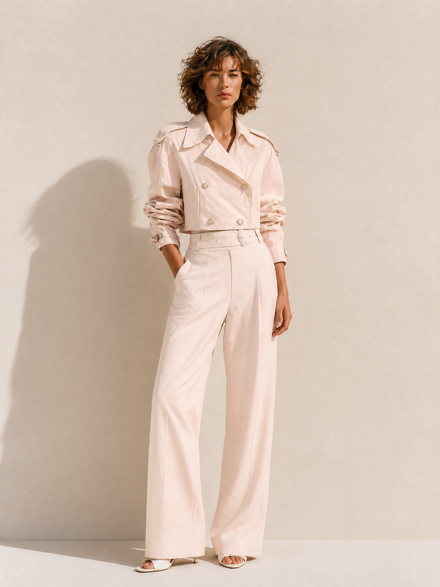 Women's Elegant Collared Double-Breasted Cropped Trench & Belted High-Waisted Wide-Leg Trouser Set MDZ0403H1CMX