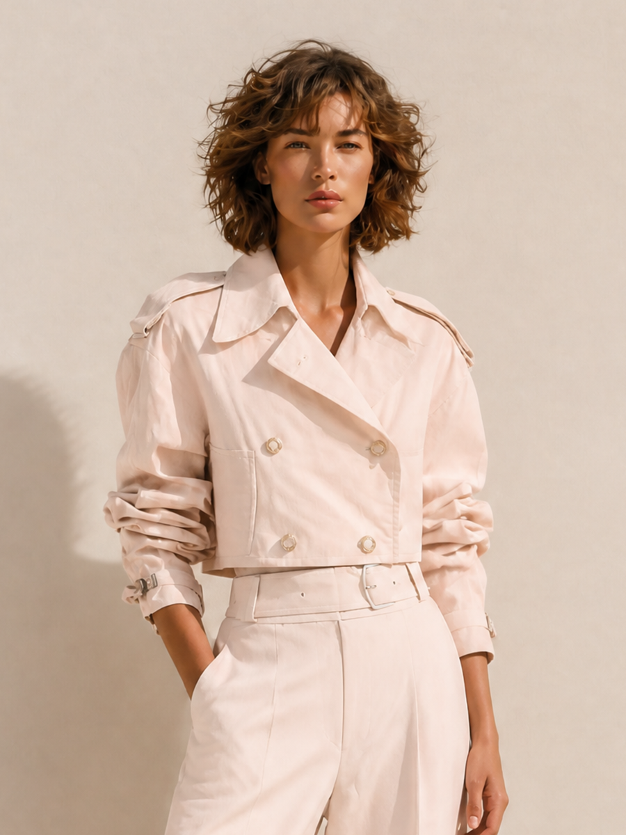 Women's Elegant Collared Double-Breasted Cropped Trench & Belted High-Waisted Wide-Leg Trouser Set MDZ0403H1CMX