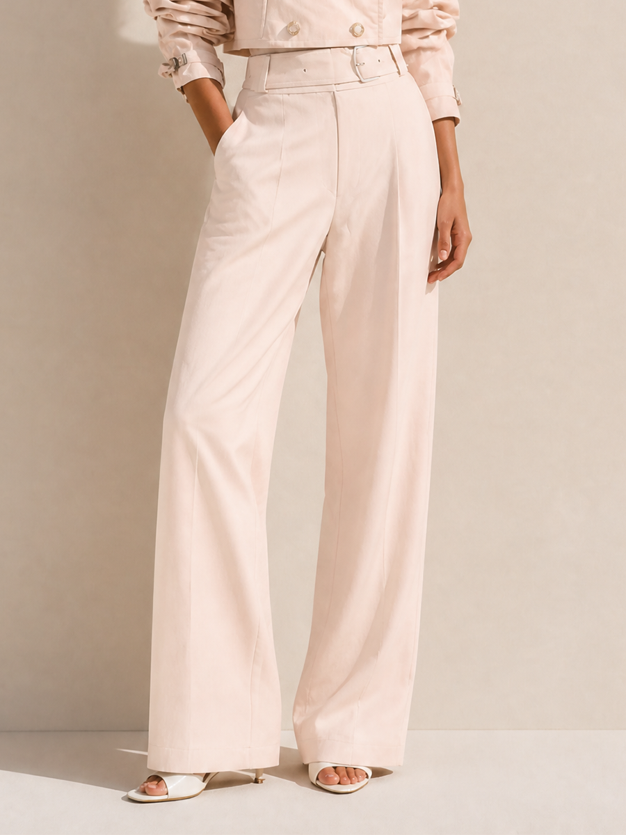 Women's Elegant Collared Double-Breasted Cropped Trench & Belted High-Waisted Wide-Leg Trouser Set MDZ0403H1CMX