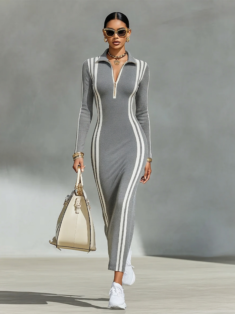 Women's Bodycon Sporty Stripe Zip Polo Collar Knit Maxi Dress MDZ0409H0LYL