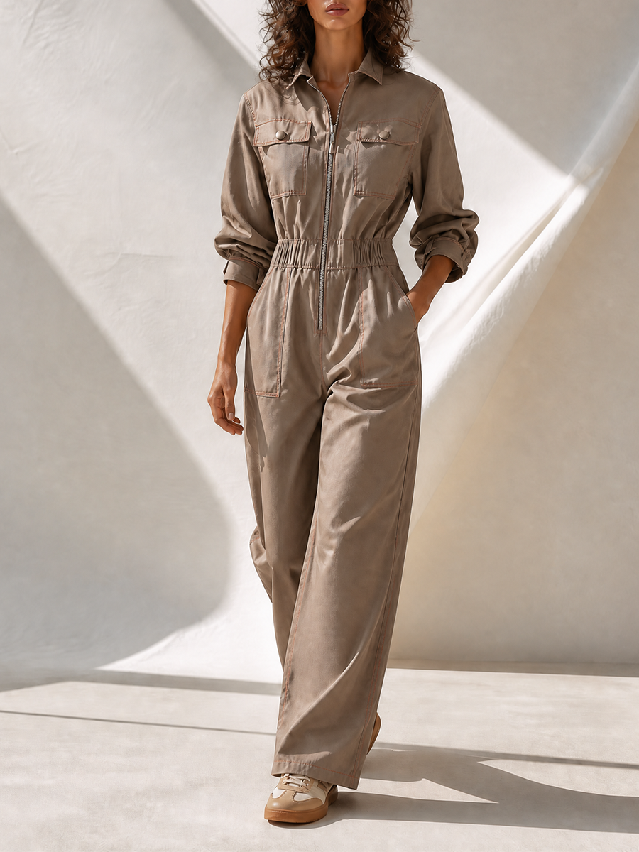 Women's Utility Zip-Front Collared Elastic-Waist Long-Sleeve Wide-Leg Jumpsuit MDZ0424H5CMX