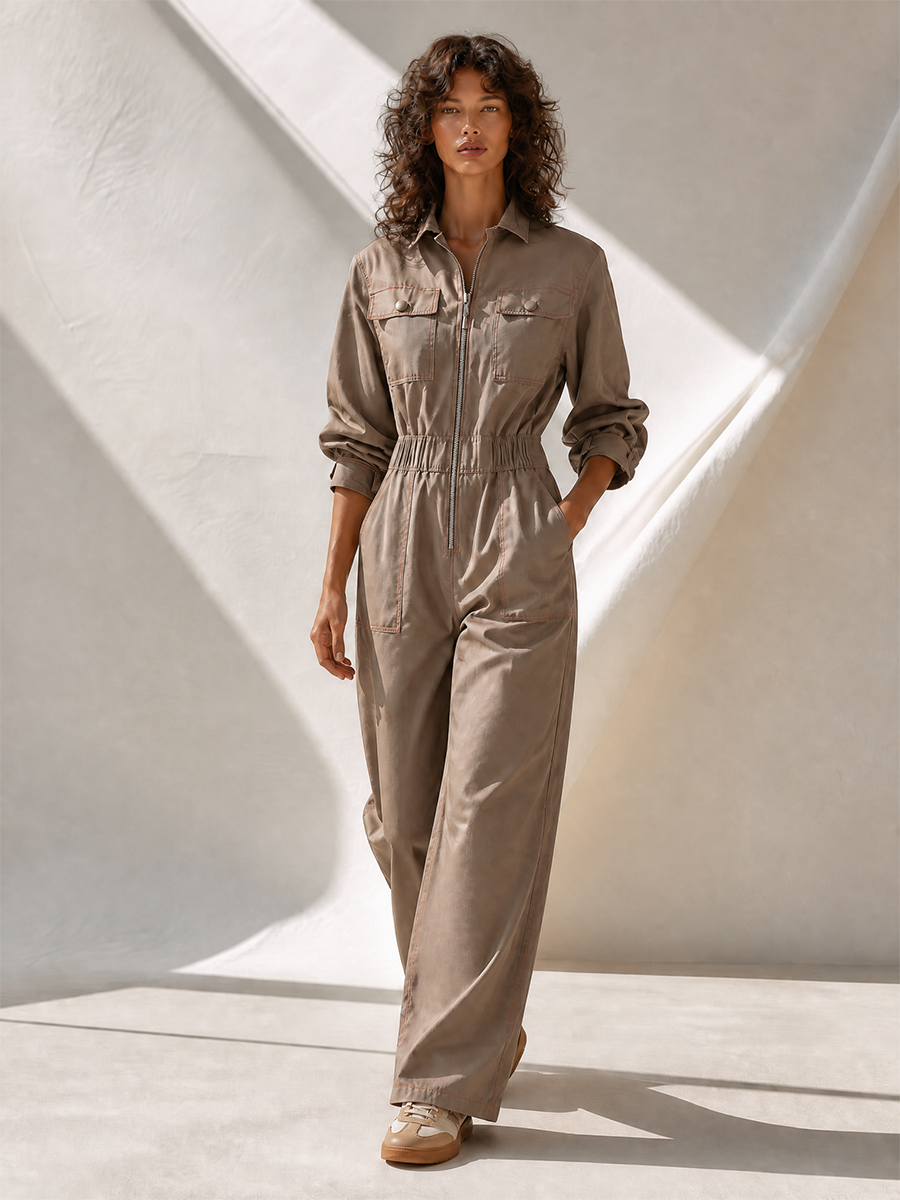 Women's Utility Zip-Front Collared Elastic-Waist Long-Sleeve Wide-Leg Jumpsuit MDZ0424H5CMX
