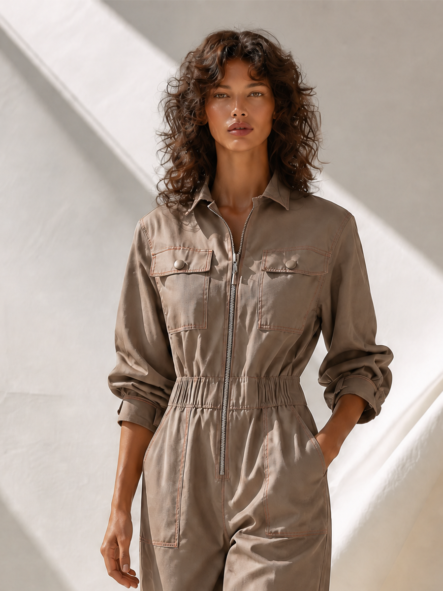 Women's Utility Zip-Front Collared Elastic-Waist Long-Sleeve Wide-Leg Jumpsuit MDZ0424H5CMX