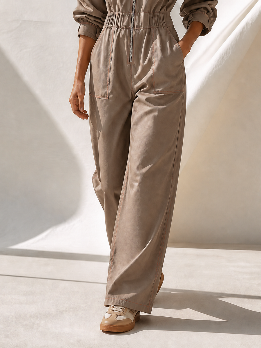 Women's Utility Zip-Front Collared Elastic-Waist Long-Sleeve Wide-Leg Jumpsuit MDZ0424H5CMX
