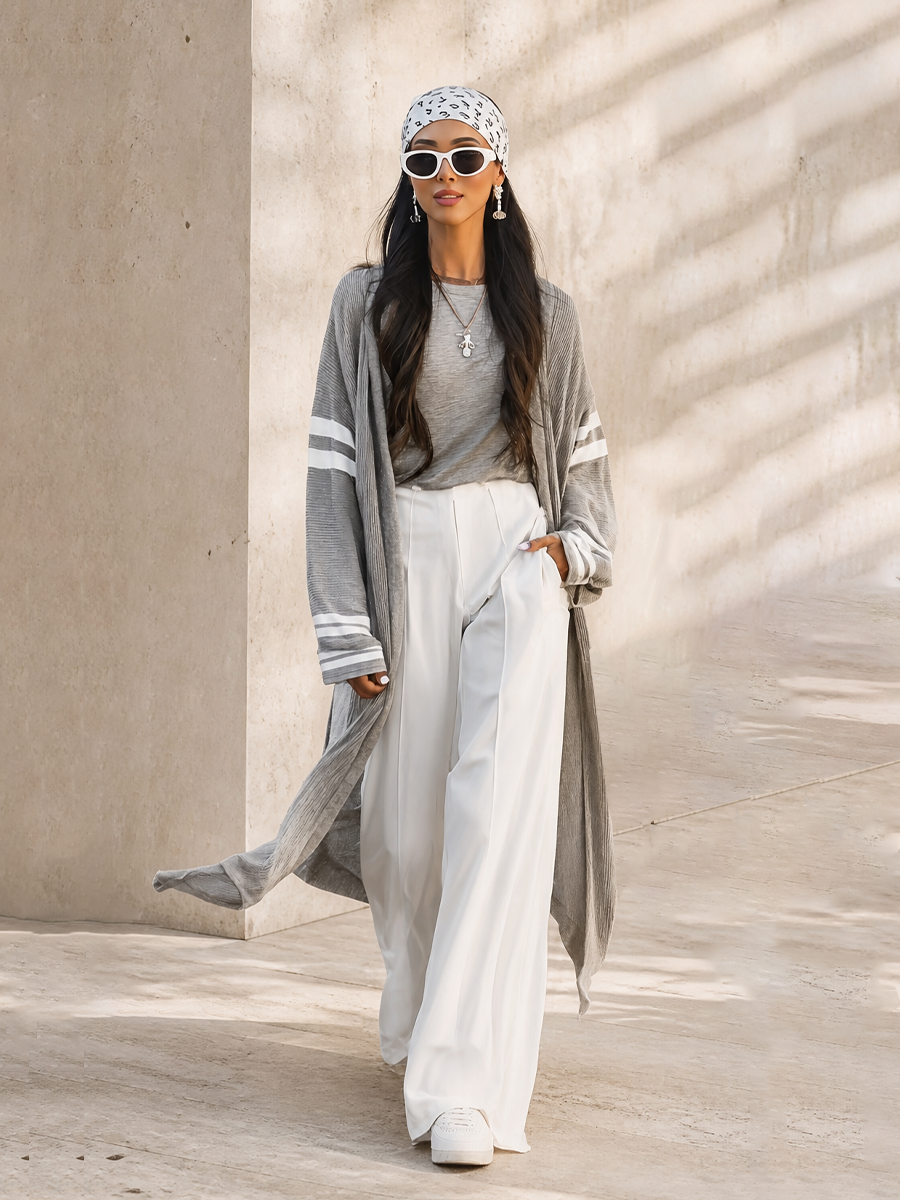 Women's Long Loose Casual Stripe Sleeve Open Front Knit Cardigan MDZ0423H0LYL