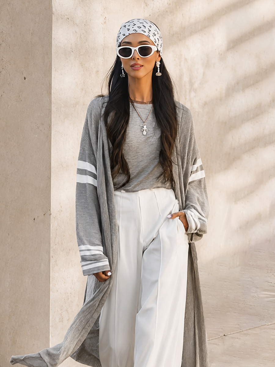 Women's Long Loose Casual Stripe Sleeve Open Front Knit Cardigan MDZ0423H0LYL