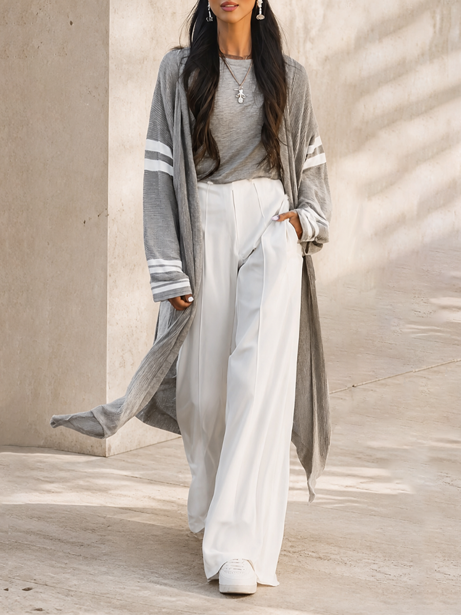 Women's Long Loose Casual Stripe Sleeve Open Front Knit Cardigan MDZ0423H0LYL