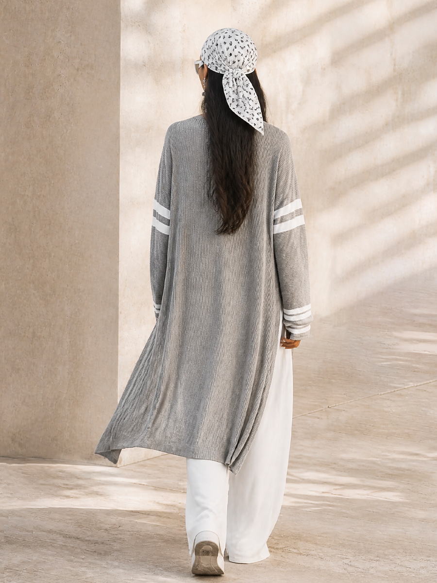 Women's Long Loose Casual Stripe Sleeve Open Front Knit Cardigan MDZ0423H0LYL