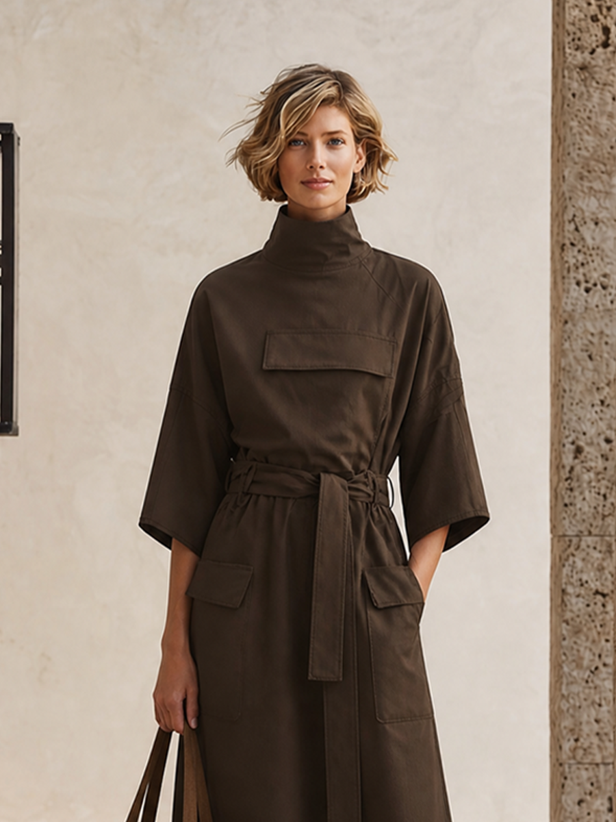 Women's Pocket Design Casual Solid Stand Collar Three Quarter Sleeve Dress MDZ0415H8LYL
