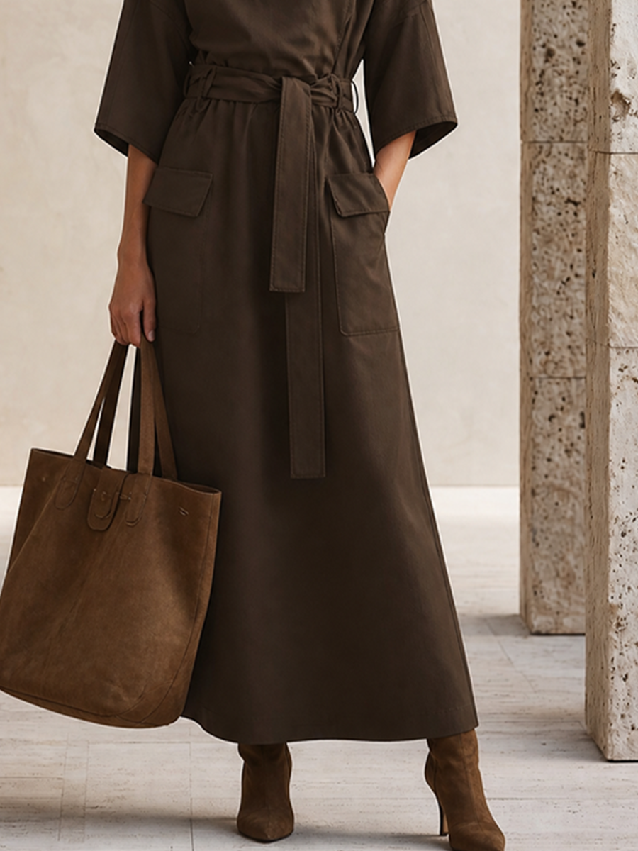 Women's Pocket Design Casual Solid Stand Collar Three Quarter Sleeve Dress MDZ0415H8LYL