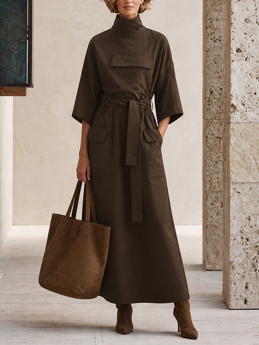 Women's Pocket Design Casual Solid Stand Collar Three Quarter Sleeve Dress MDZ0415H8LYL