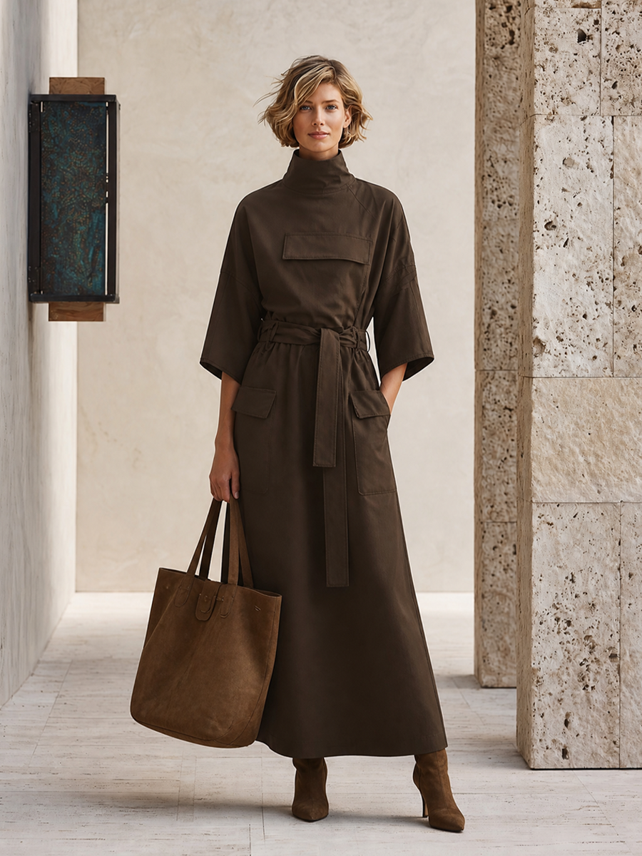 Women's Pocket Design Casual Solid Stand Collar Three Quarter Sleeve Dress MDZ0415H8LYL