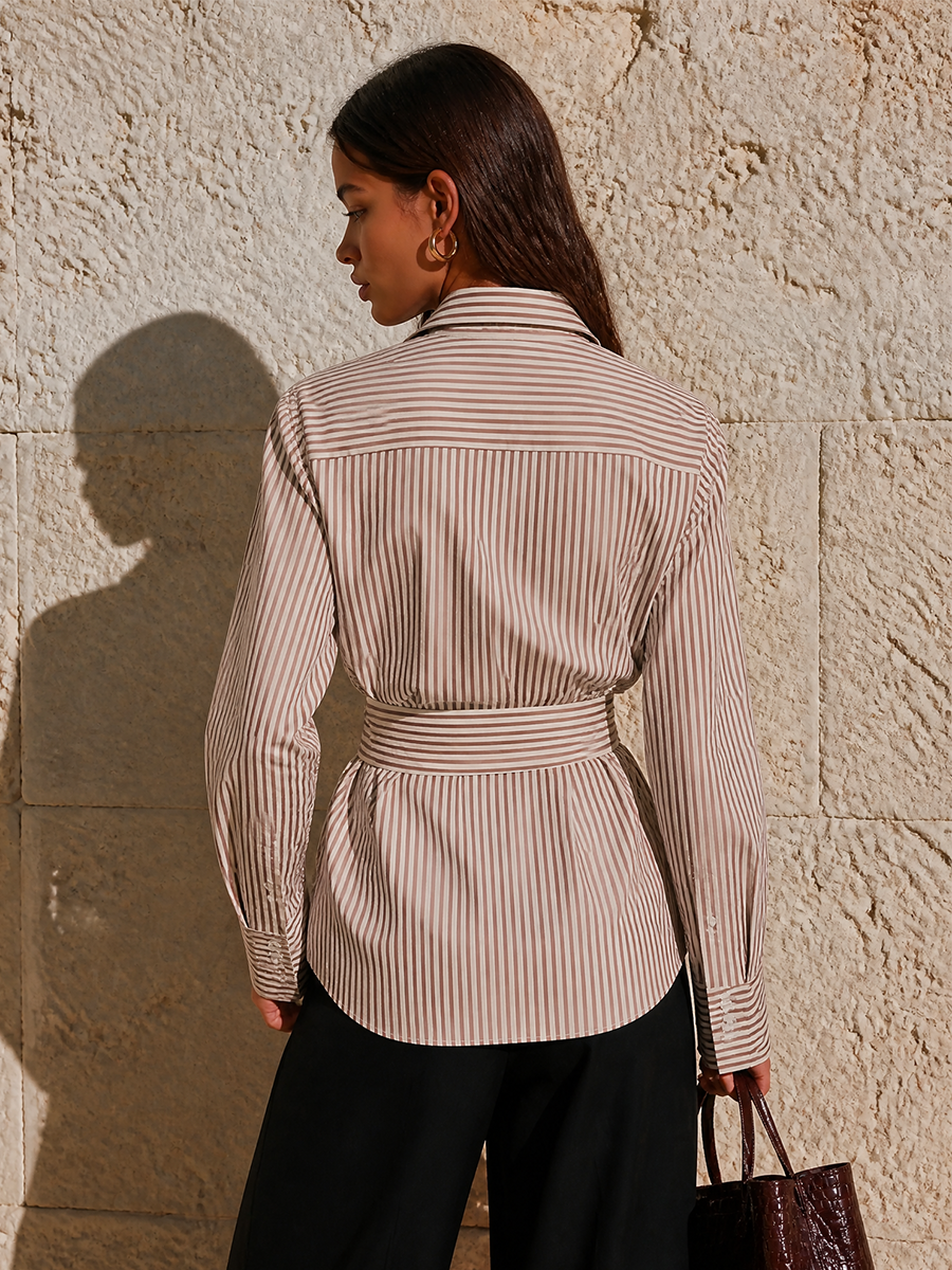 Women's Waist Tie Elegant Striped Wrap V Neck Blouse MDZ0469H0LYL