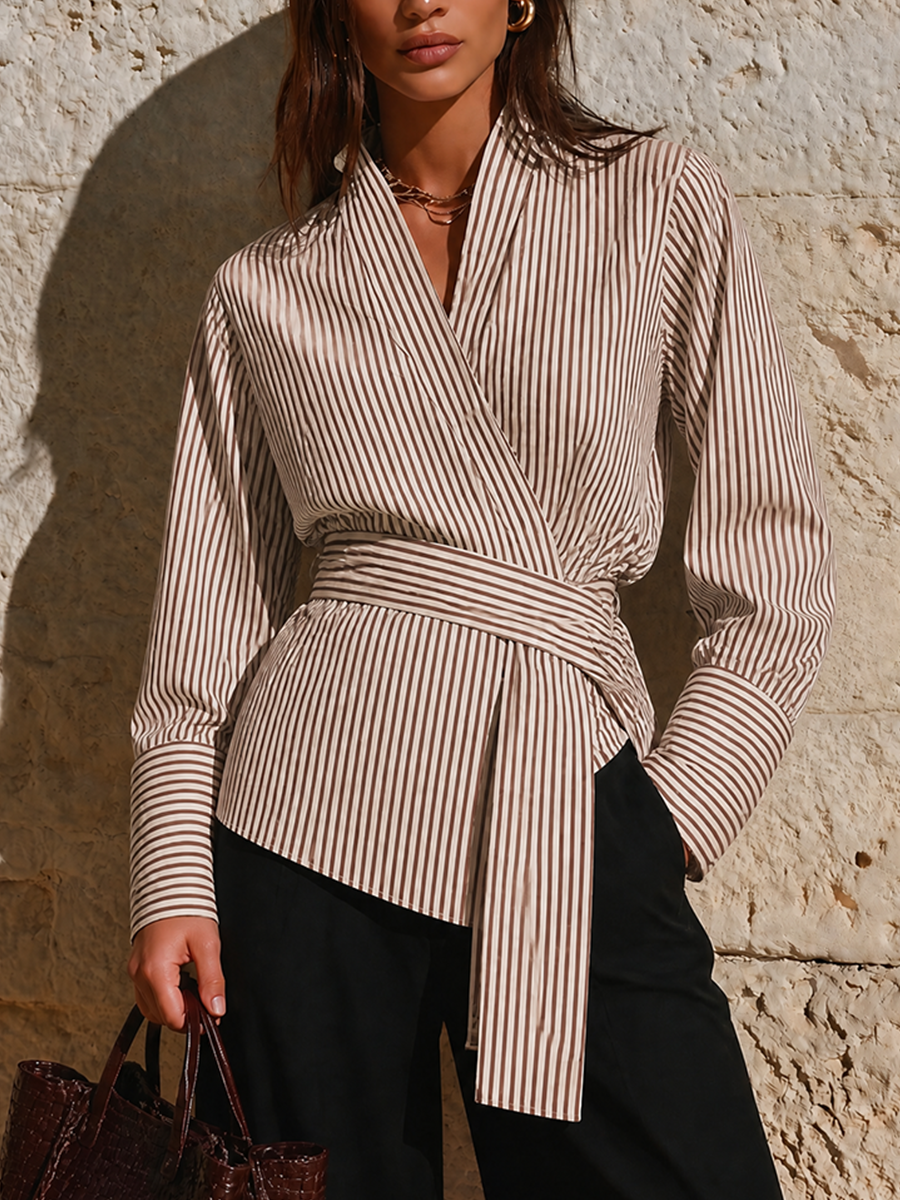 Women's Waist Tie Elegant Striped Wrap V Neck Blouse MDZ0469H0LYL