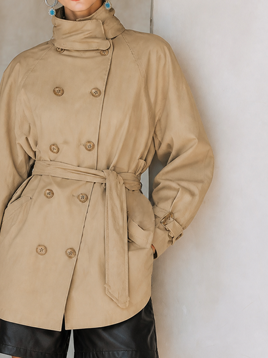 Women's Waist Belted Classic Solid Cotton Stand Collar Short Trench Coat MDZ0478H9LYL
