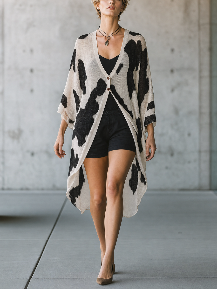 Women's Cow Print Open Front Beige Cardigan MDZ0484H2YZJ