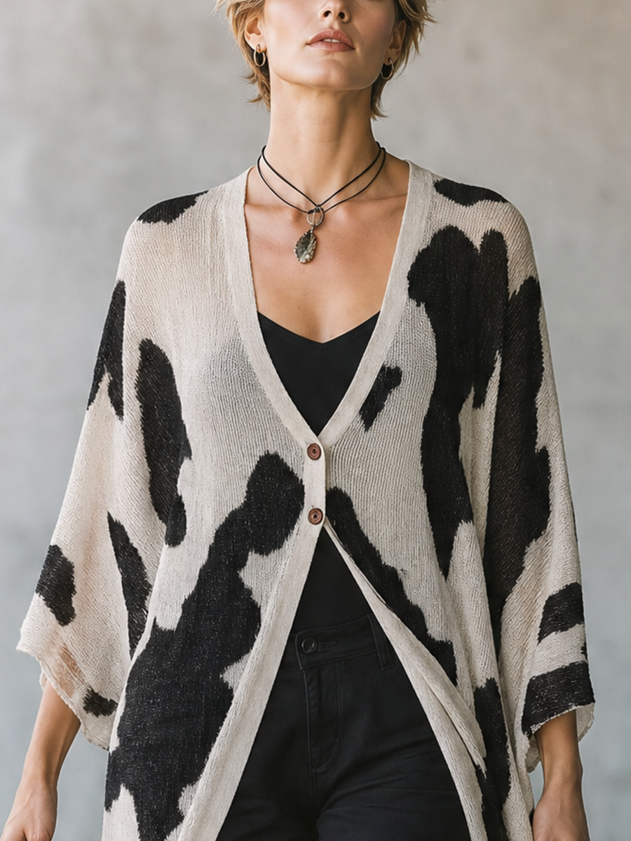 Women's Cow Print Open Front Beige Cardigan MDZ0484H2YZJ