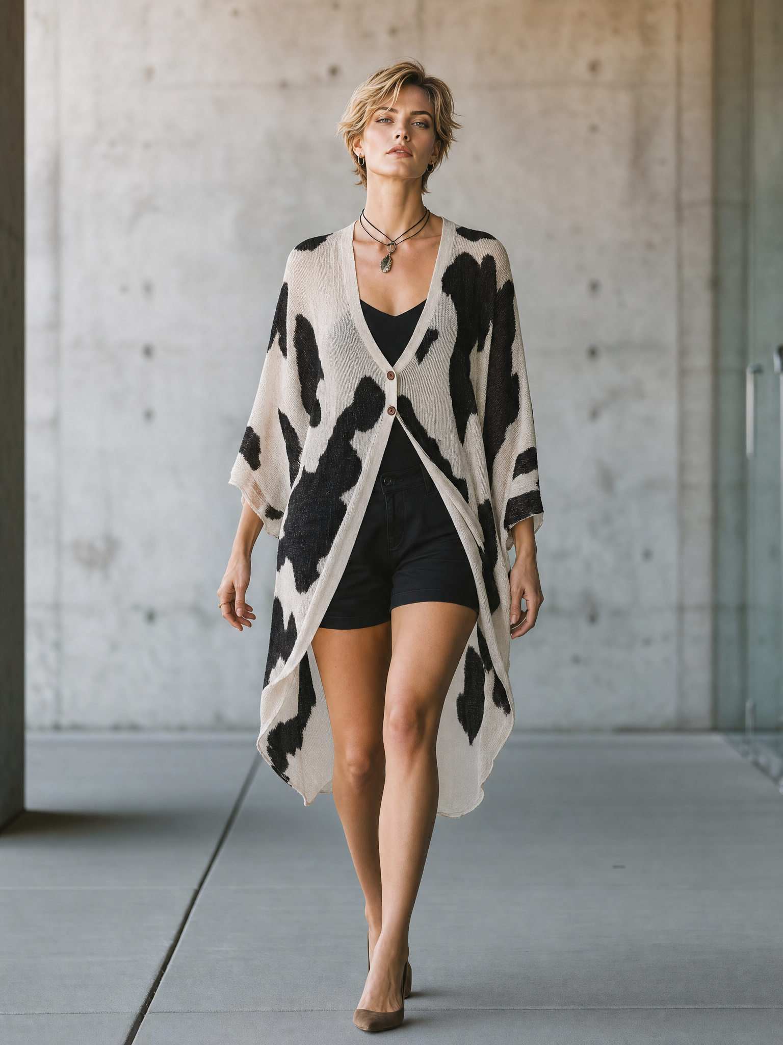 Women's Cow Print Open Front Beige Cardigan MDZ0484H2YZJ