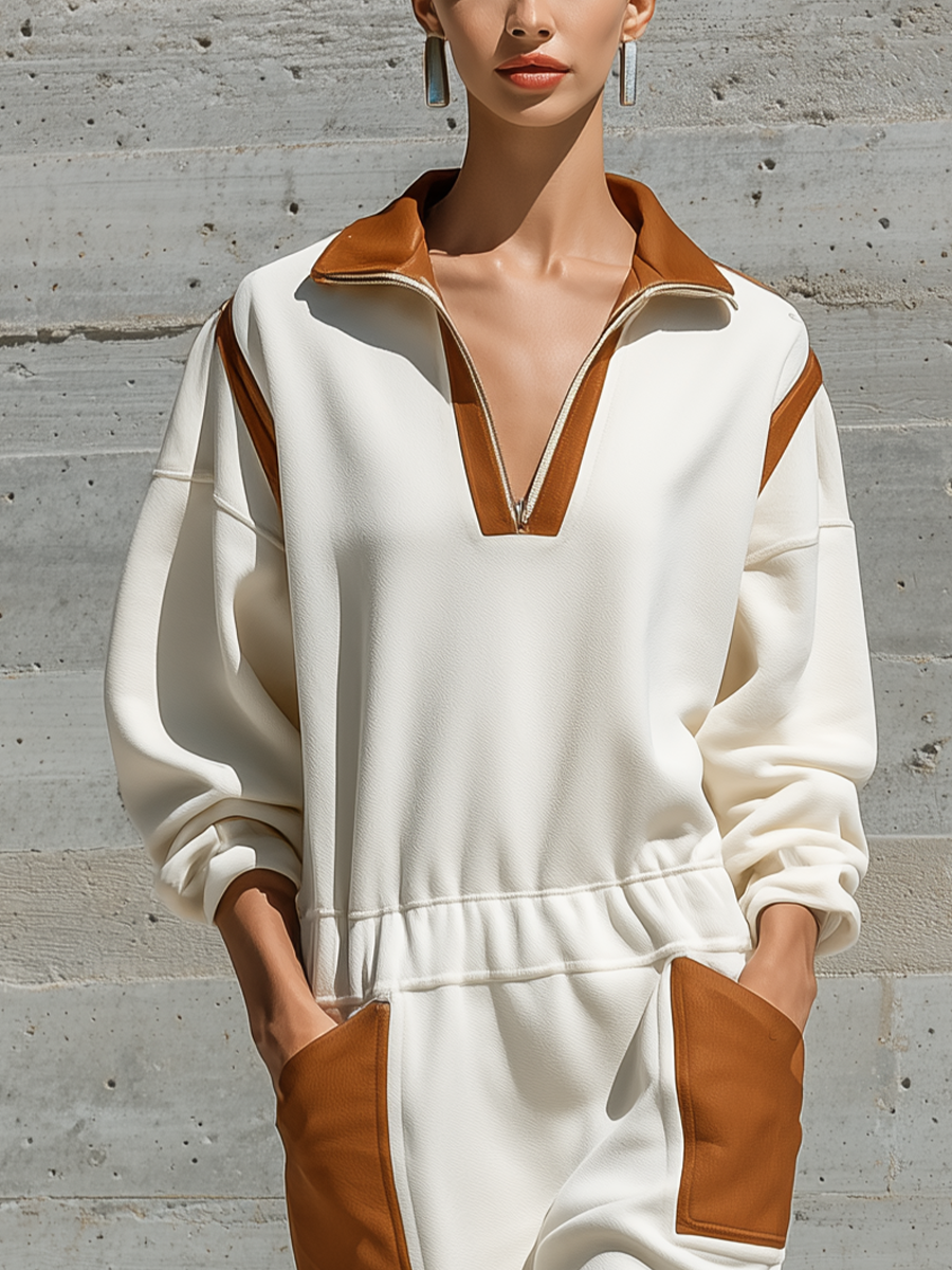 Women's Colorblock White Knit Sweatshirt Dress MDZ0446H7YZJ