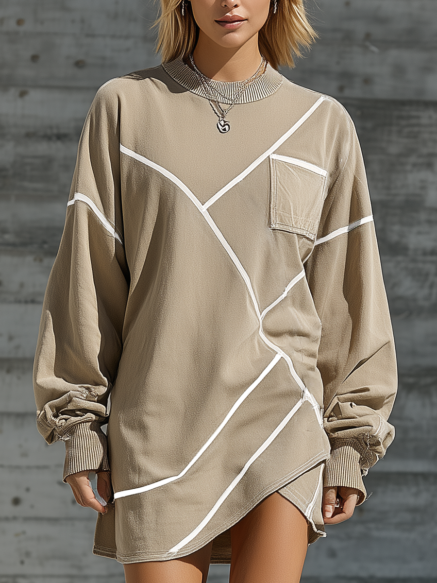 Women's Geometric Khaki Cotton Sweatshirt Dress MDZ0450H0YZJ