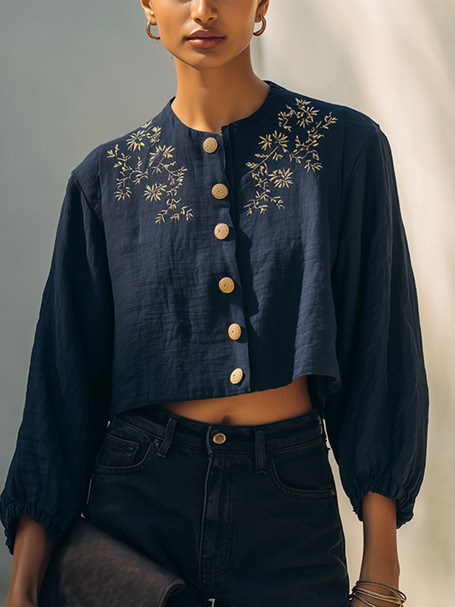 Women's Vintage-Style Embroidered Cropped Jacket With Lantern Sleeves MDZ0474H7ZRK