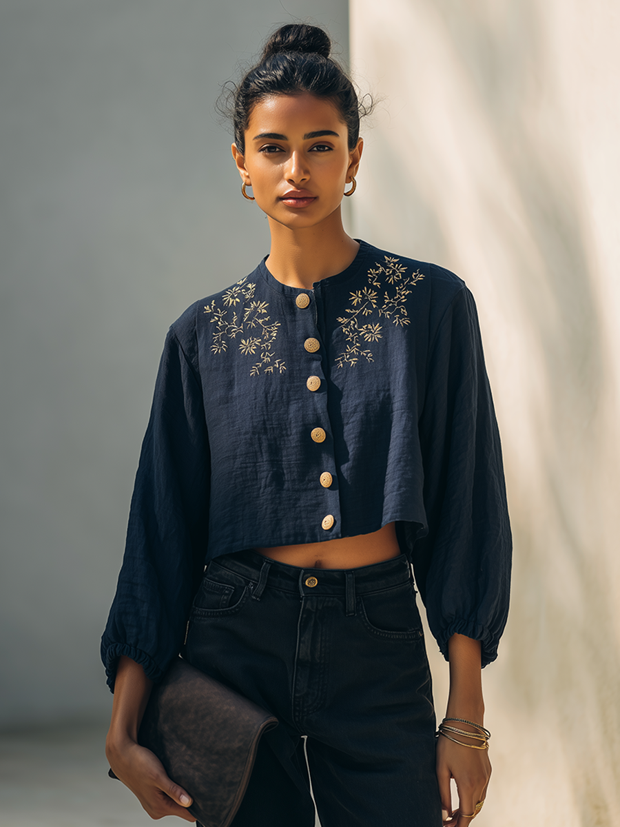 Women's Vintage-Style Embroidered Cropped Jacket With Lantern Sleeves MDZ0474H7ZRK