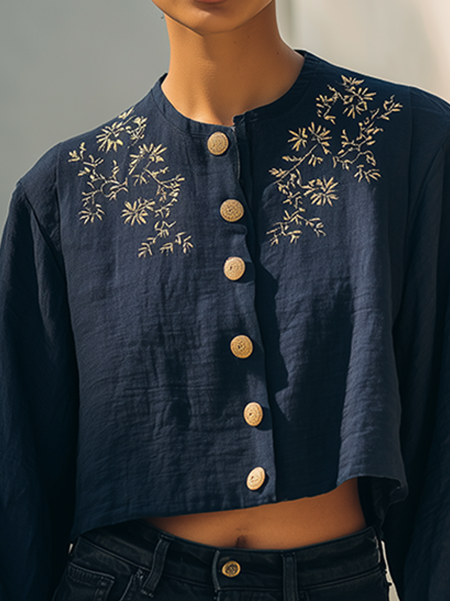 Women's Vintage-Style Embroidered Cropped Jacket With Lantern Sleeves MDZ0474H7ZRK