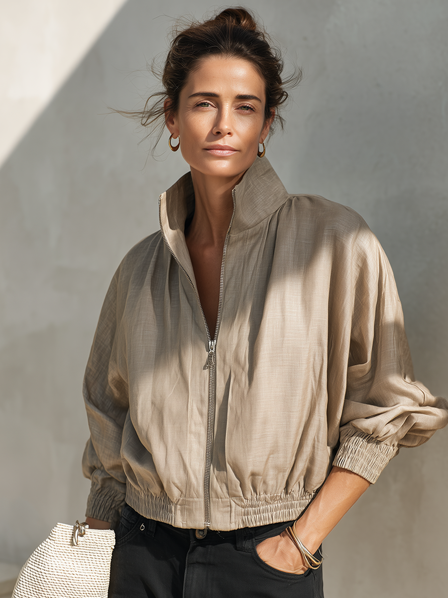 Women's Short Casual Zip-Up Jacket With Stand Collar MDZ0493H9ZRK