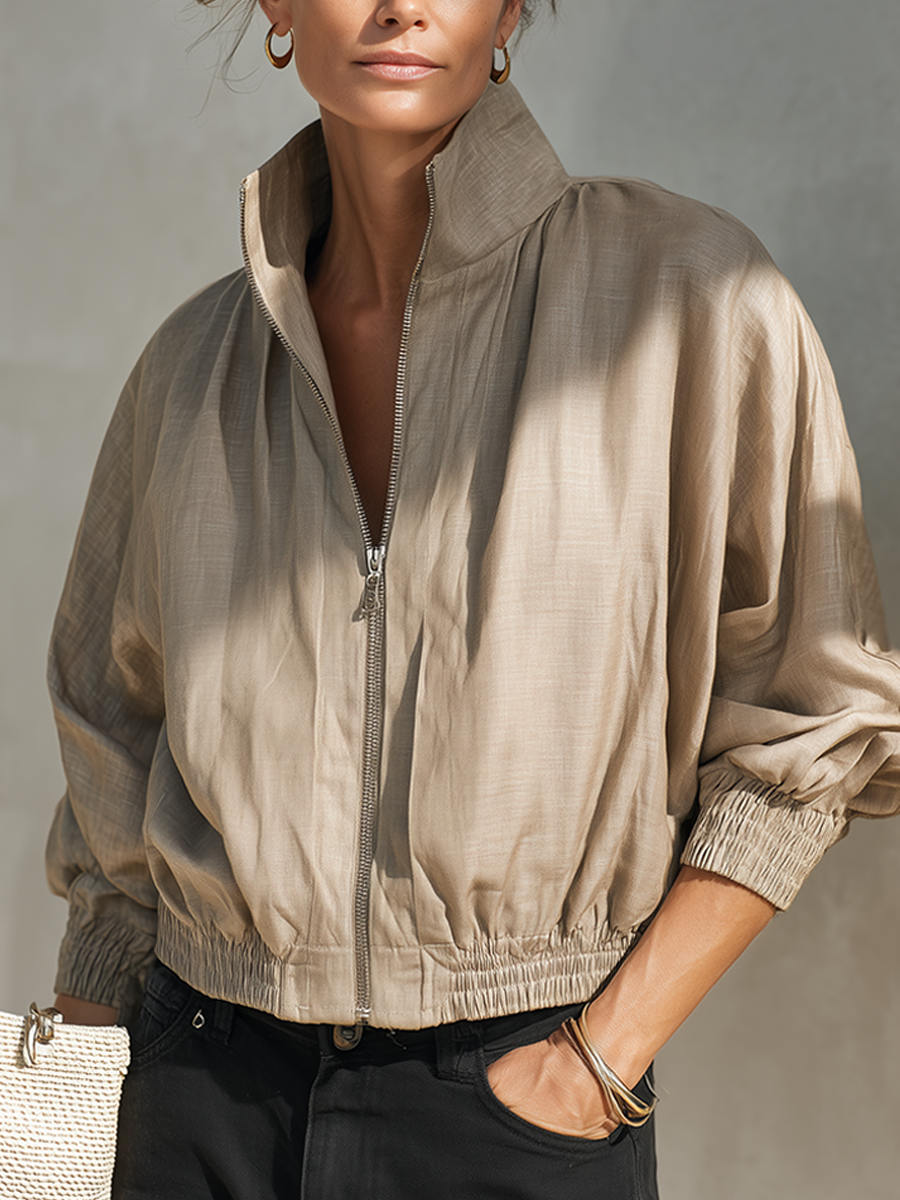 Women's Short Casual Zip-Up Jacket With Stand Collar MDZ0493H9ZRK